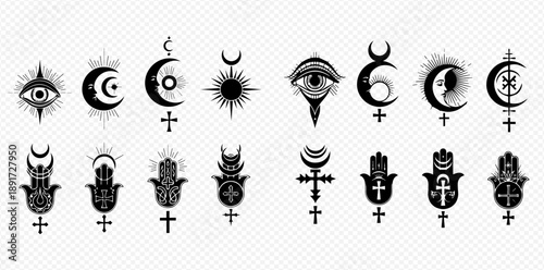 Set of occult mystical esoteric symbols, spiritual eye, moon, sun, and hamsa hand icons.