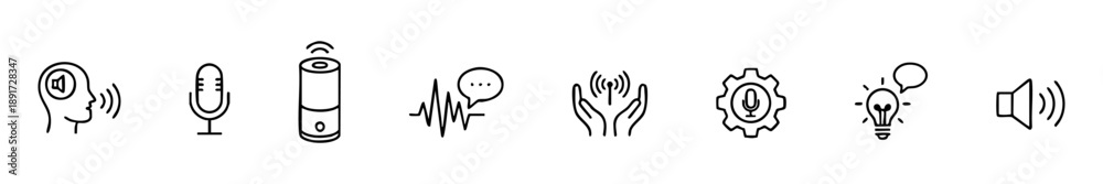 Fototapeta premium Minimal voice tech icons: speech, microphone, smart speaker, sound wave, signal, and audio control.