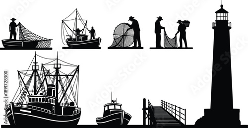 Fisherman silhouette set with lighthouse, fishing boat, trawler, pier, net, ocean maritime nautical industry vector icons isolated on white background