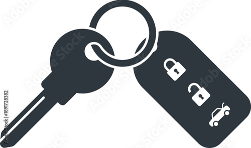 Car key icon with keychain showing lock, unlock, and car symbols for automotive security and remote access.