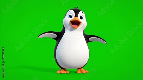 Cartoon Penguin with Bright Blue Eyes Waving on Green Background with Realistic Shadows and Subtle Textures in High Quality Render