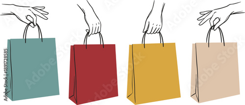 Shopping bag icon set with minimalist hands holding teal, red, yellow, and beige bags in line art style.
