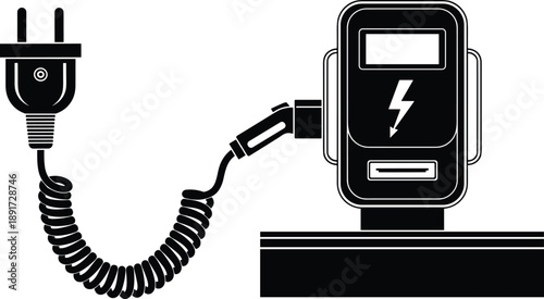 Electric vehicle charger plug and charging station silhouette vector illustration