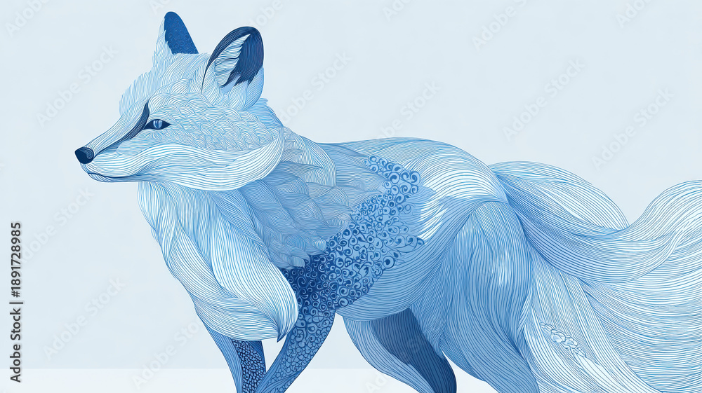 Fototapeta premium Blue fox with ornamental patterns in watercolor style on light background
