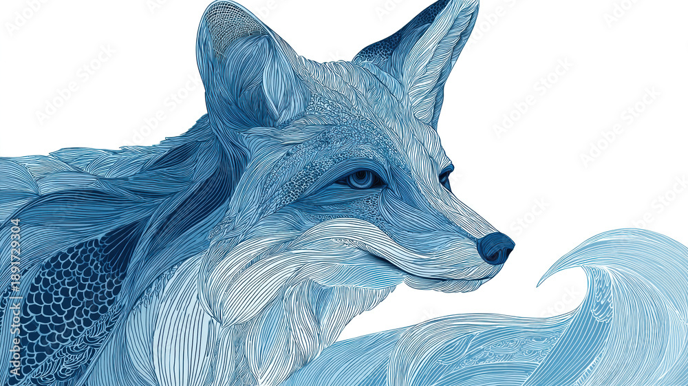 Fototapeta premium Decorative blue fox with artistic floral patterns in watercolor style on light background