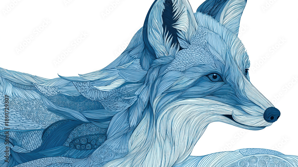 Obraz premium Decorative blue fox with artistic floral patterns in watercolor style on light background