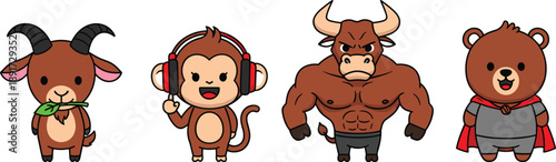Cute cartoon animal characters set featuring goat, monkey with headphones, muscular bull, and superhero bear illustration isolated on white background