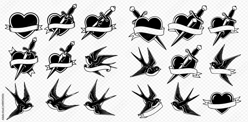 Obraz premium Set of traditional old school tattoo elements including hearts, daggers, and swallows with banners for custom text.