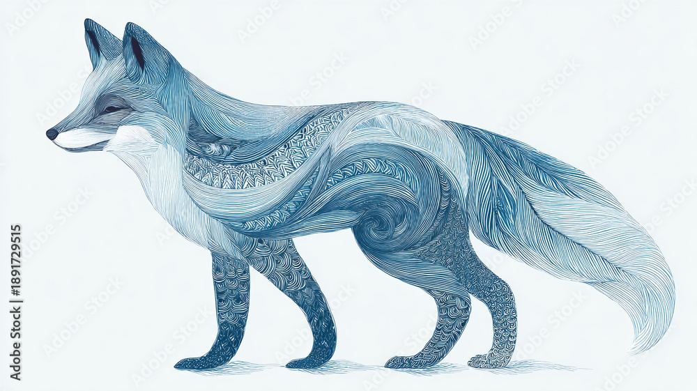 Fototapeta premium Elegant blue fox illustration with intricate ornamental patterns and watercolor textures