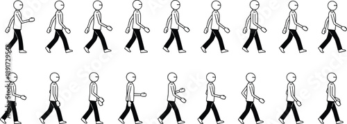 Minimal stick figure walking animation sequence showing step by step human movement cycle, simple black and white cartoon illustration
