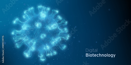 Abstract blue Virus Cell Cyber Technology illustration. Pathogen digital biotechnology futuristic concept. Biology innovative research backdrop.