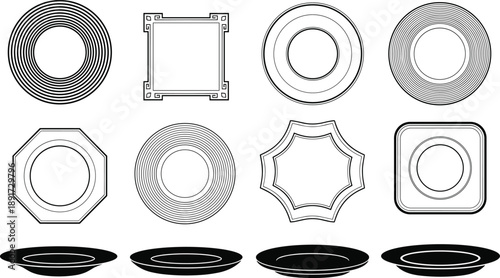 Plates, Frames, Geometry, Shapes, Borders, Outlines, Circular, Square, Abstract, Minimal, Design, Template, Decorative, Tableware, Dishware, Lineart, Symmetry, Elements, Collection, Illustration