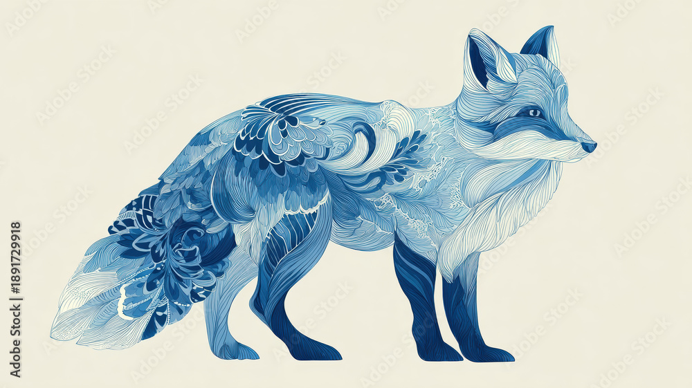 Fototapeta premium Stylized blue fox illustration with ornamental patterns in watercolor style on light background