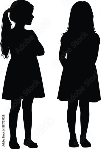 Schoolgirl silhouettes front and back view, child standing poses, girl body outline black figures isolated on white background illustration