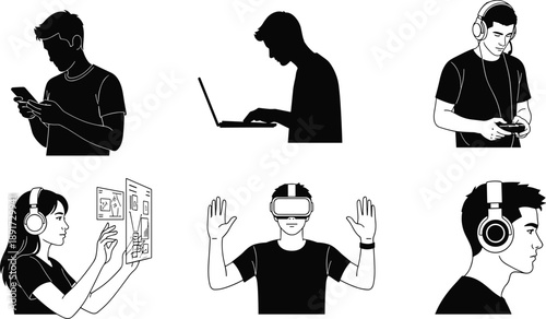People Using Modern Technology Silhouette Set, Virtual Reality VR Gaming Icons, Man Laptop Smartphone User Graphics, Digital Lifestyle Metaverse Interaction Illustrations