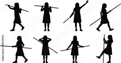 Set of schoolgirl silhouettes holding sticks in various poses, black vector illustration isolated on white background for design use