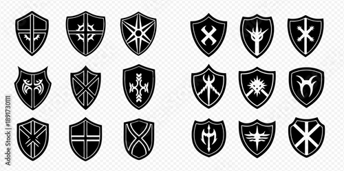 Collection of black and white shield icons with various fantasy and medieval symbols, isolated on a transparent background.