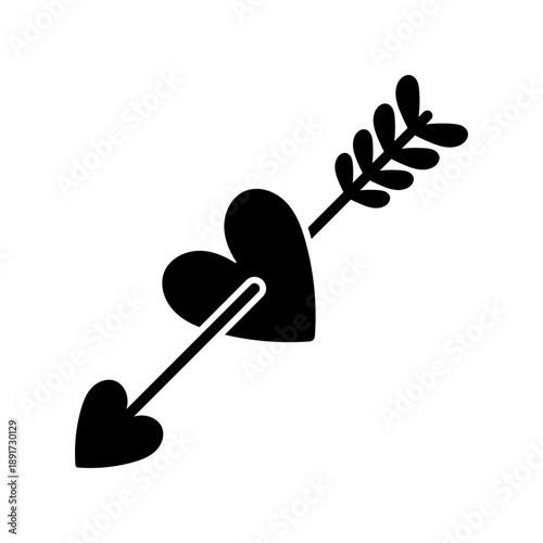 Heart pierced by an arrow icon. Black silhouette. Front and side view. Vector simple flat graphic illustration. Isolated object on a white background.