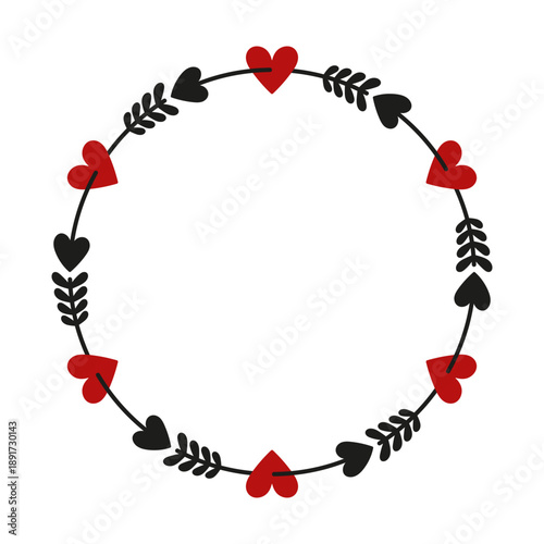 A round frame of hearts pierced by arrows. Colored silhouette. Front view. Vector simple flat graphic illustration. Isolated object on a white background.