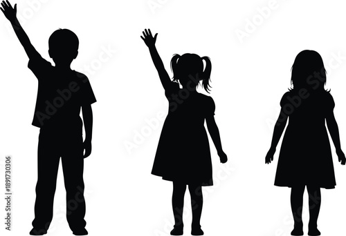 Silhouette Children Raising Hand Gesture Standing Participation Education Childhood People Isolated Minimal Black White Vector
