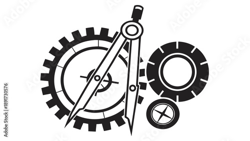 Assortment of black and white mechanical gears and a drafting compass suggesting precision engineering and technical development.