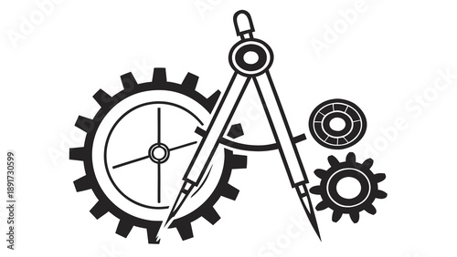 Drafting compass rests over a large gear mechanism surrounded by smaller mechanical components for engineering design.