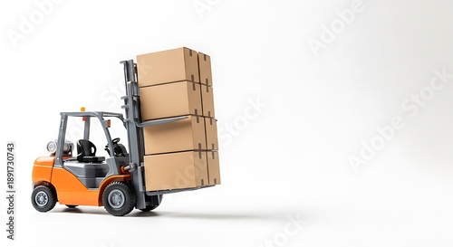Forklift operator transporting large cardboard boxes in a warehouse viewed from the side