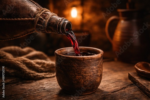 Medieval-style scene: a leather wineskin pours red wine into an earthenware jug on a rustic wooden table. Ideal for depicting historical concepts. Perfect for editorial and advertising projects.