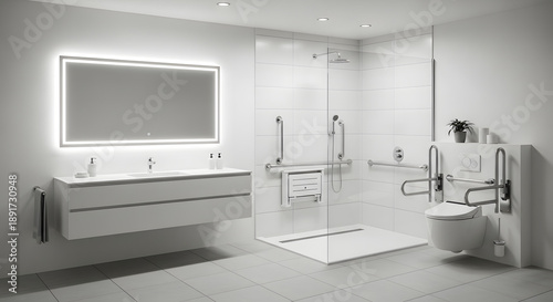 A modern bathroom with accessible features and sleek design elements