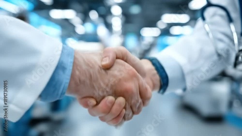 Doctors shaking hands in sterile hospital hall
