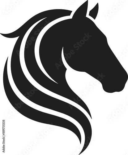 Black horse head silhouette logo isolated on white background, elegant equestrian animal symbol, modern minimal brand and sport graphic illustration