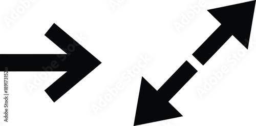 Black diagonal directional arrow icons isolated on white background, navigation and direction symbols, minimal road travel graphic illustration