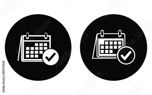 Black calendar checkmark icons set showing confirmed dates, schedule approval and event planning symbols