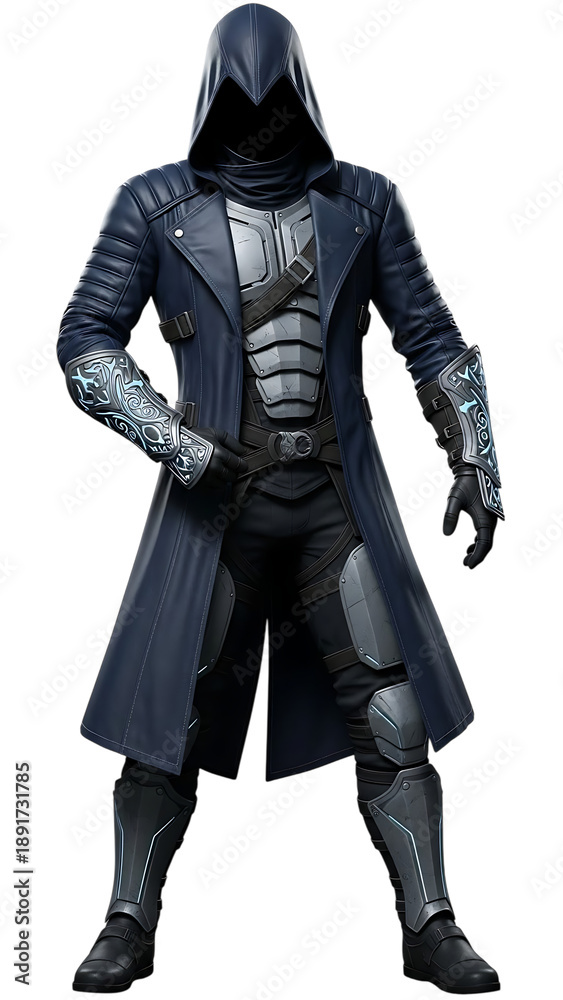 Fototapeta premium Dark superhero character in armor and leather coat isolated on a transparent background