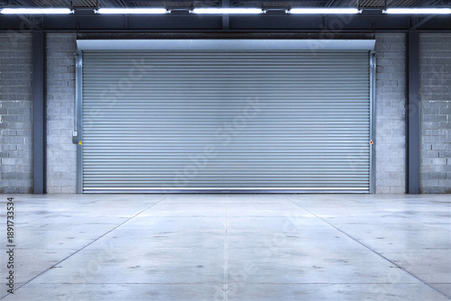 Large gray metal rollup garage door on concrete floor in industrial building with brick walls and fluorescent lighting overhead