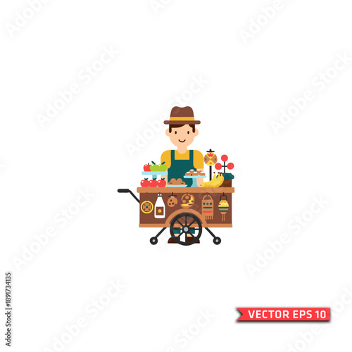 Vector illustration of a smiling street vendor standing behind a wooden food cart with fruits and bottles, created in a clean, colorful flat design style.