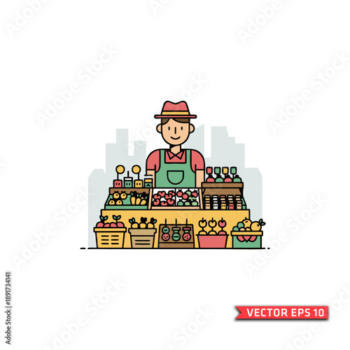 Vector illustration of a market vendor standing behind a stall filled with fruits, vegetables, and bottled products, designed in a clean, colorful flat style
