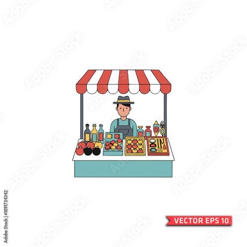 Vector illustration of a street market vendor standing at a stall filled with fruits, snacks, and bottled drinks, created in a clean, colorful flat design style