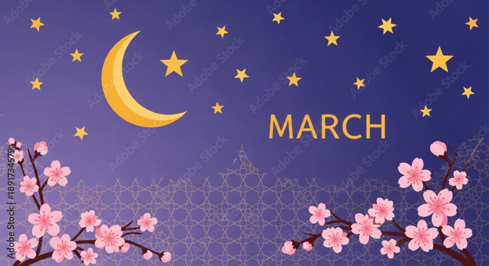 Fototapeta premium Nighttime cherry blossoms under starry sky with crescent moon in march