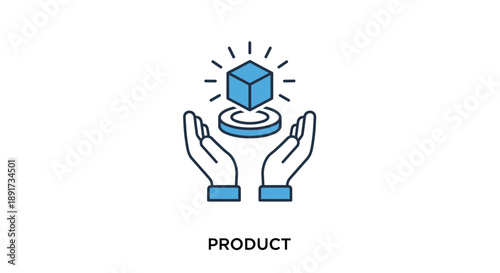 Product Icon – Hands Lifting Cube with Platform and Light Rays