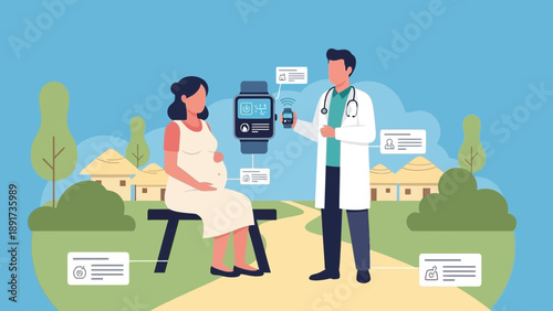 Doctor consulting with patient outdoors on a bench in a serene natural setting with buildings in the background