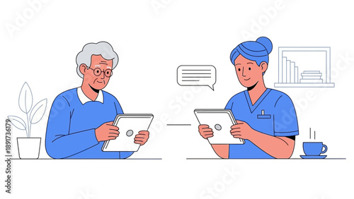 An older adult and a healthcare professional sharing information on digital tablets in a calm environment from a straightforward viewpoint