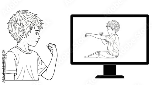 A boy watches a yoga tutorial on a computer screen with a calm illustration