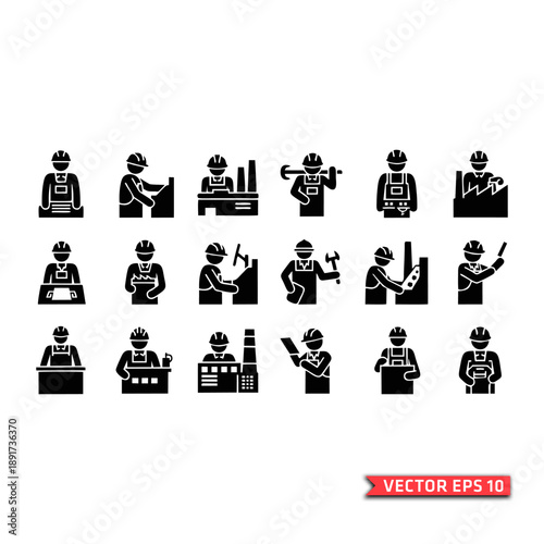 A black silhouette icon set showing various workers and professions performing different industrial and technical tasks, arranged in a grid, in flat vector EPS10 style.