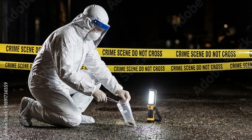Forensic investigator wearing full protective hazmat suit carefully collects physical evidence from wet ground area marked by bright yellow crime scene do not cross tape at night