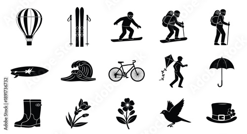 Collection of various black silhouette icons on white background