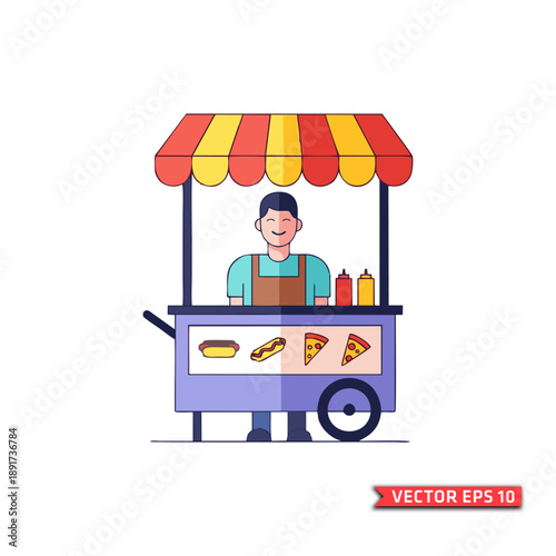 Vector illustration of a street food vendor standing behind a wheeled cart selling hotdogs, pizza, and snacks, designed in a clean, colorful flat style