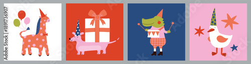 Happy Birthday square greeting cards. Illustration set for kids, cute naive modern animal drawings, character, giraffe, dog, crocodile, duck. Simple minimal banner, baby shower, celebration. Poster.