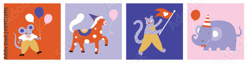 Happy Birthday square greeting cards. Illustration set for kids, cute naive modern animal drawings, character, mouse, horse, leopard, elephant. Simple minimal banner, baby shower, celebration. Poster.