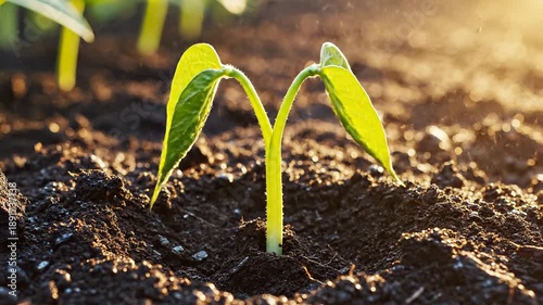 Green plant sprout emerges from rich dark soil. Its vibrant leaves unfurl under soft morning light. Symbolizes new life and growth.
